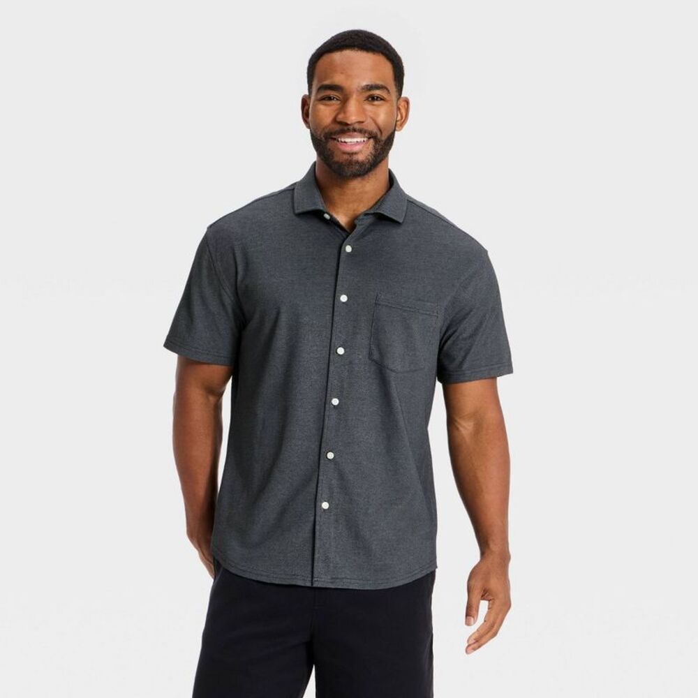 Men's Short Sleeve Comfort Pique Button-Down Shirt - Goodfellow & Co Black M
